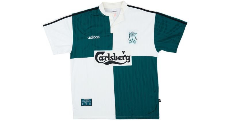 liverpool 1995-96 adidas away shirt in teal green and white quadrant design 